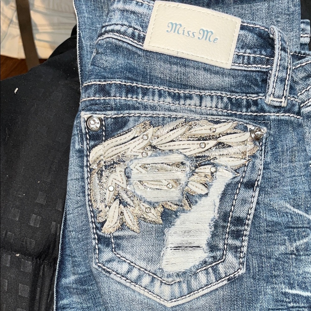 Miss Me Distressed Blue Jeans with Silver Embellishments